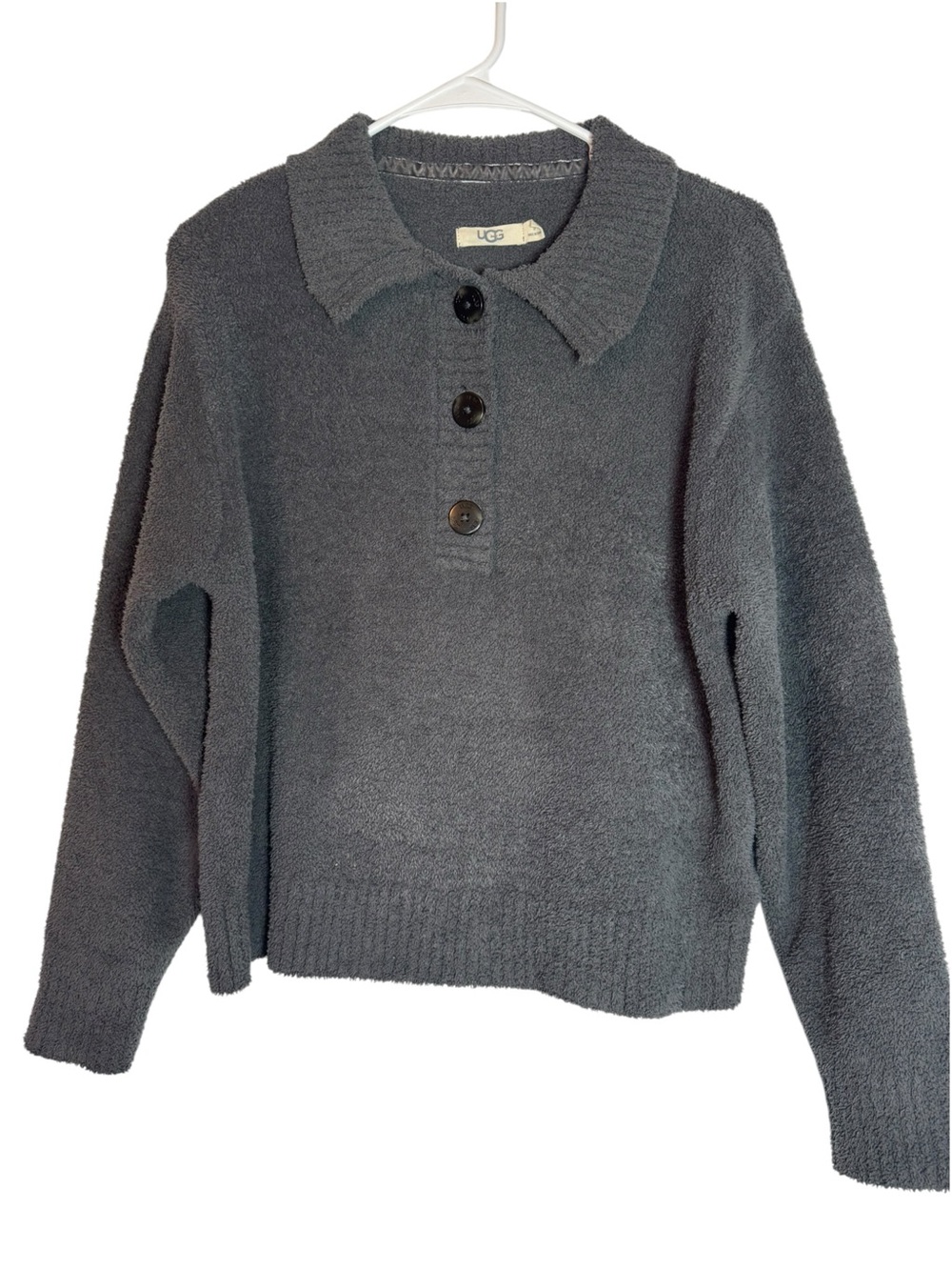 UGG Women's Charcoal Gray Collared Fleece Button Pullover Small Sweater
